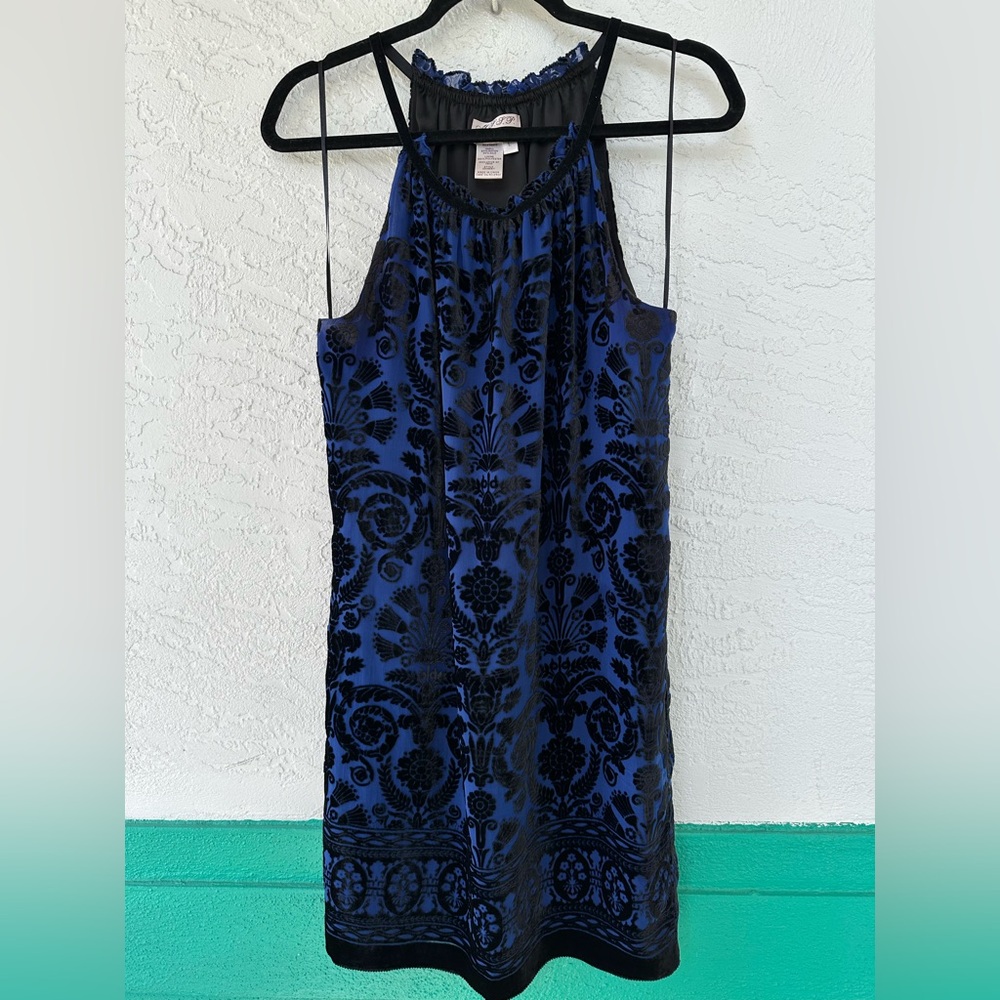 MLLP Flocked Velvet Floral Royal Blue Shift Sleeveless Large Midi Dress